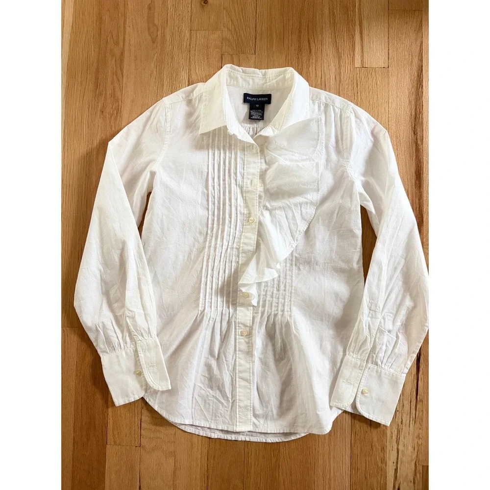 Ralph Lauren White Ruffle Pintuck Cotton Button Down Shirt Regency Youth Sz 10